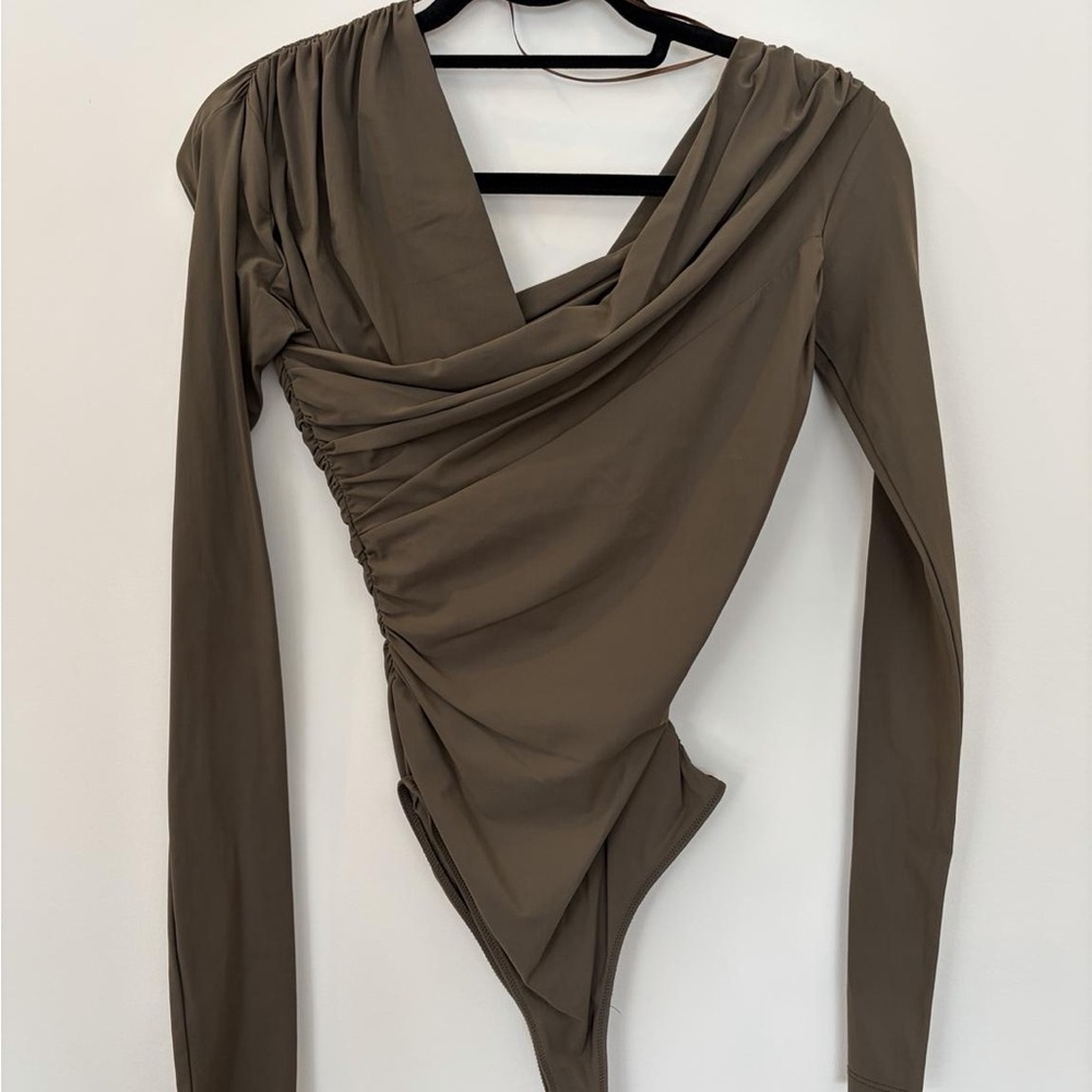 Goldsign Olive Draped Long-Sleeve Bodysuit